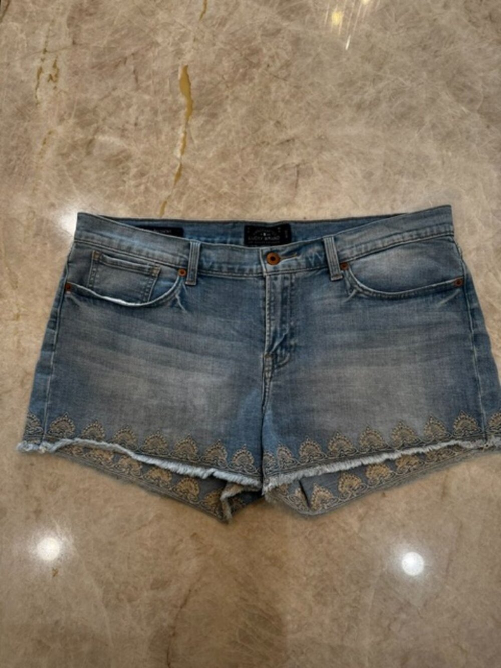 Lucky Brand Blue Denim Malibu Fringed Embroidered Shorts 14/32